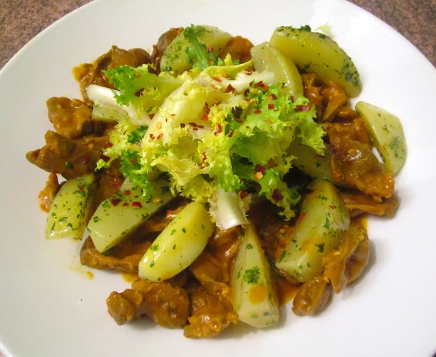 Curried Gizzards, Herbed Potatoes & Frisse In Honey Mustard Dressing