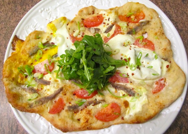 Pizza With Anchovies, Mascarpone, Tomato & Egg 