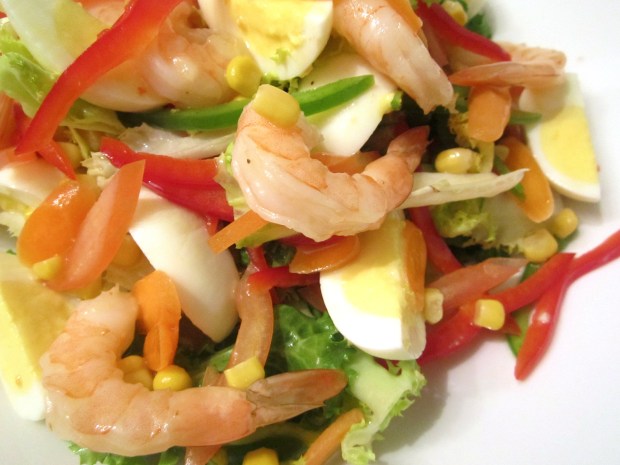 Frisée With Shrimp, Egg, Corn, Peppers & Honey / Lime Vinaigrette