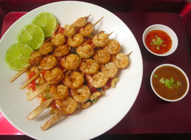 Serve Shrimp Over Salad, Accompany With Lime, Peanut Sauce And Sweet Chili Sauce