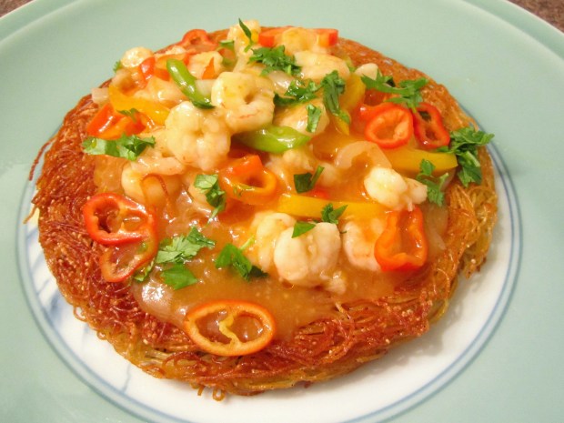 Crispy Noodle Cake & Ginger/Garlic Shrimp