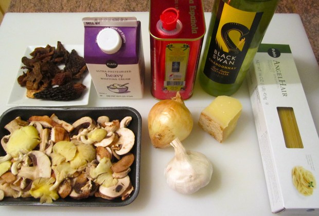 Angel Hair, Morells, Shiitake, Cepes, Baby Bellas & Oyster Mushrooms, Cream, White Wine, Onion, Garlic, Olive Oil, Kosher Salt, Cayenne Pepper