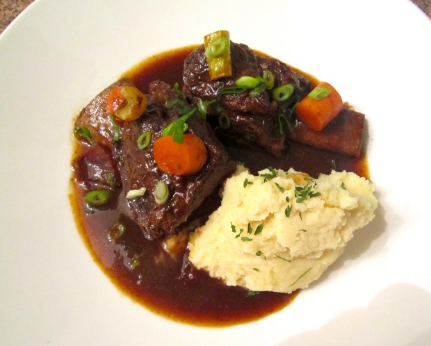 Beef Short Rib's Braised In Merlot With Garlicky Mashed Potatoes