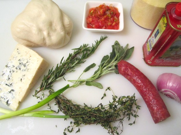 pizza dough, diced salame, spicy tomato salsa, gorgonzola, corn meal, red onion, olive oil, sage, rosemary, thyme, scallion