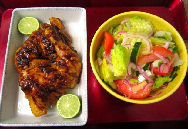 hoi sin grilled chicken leg's with simple salad in white balsamic vinaigrette