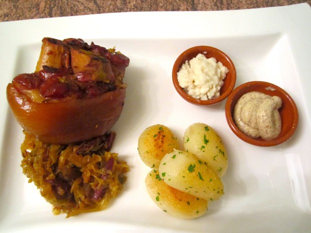 Smoked Pork Knuckles, Bavarian Style Cabbage & Sauteed Parsley Potatoes