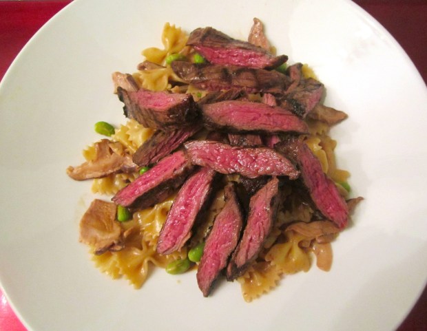 Grilled Skirt Steak & Mushroom Farfalle With Edamame