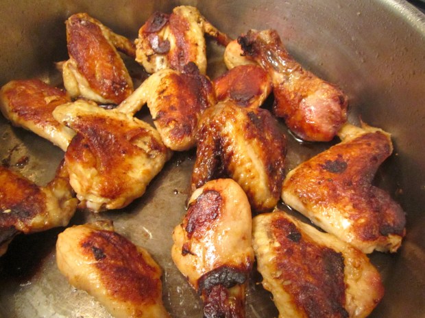 season wings and drummets with kosher salt, sriracha, soy sauce, lime juice and granulated garlic, saute on both sides until cooked through