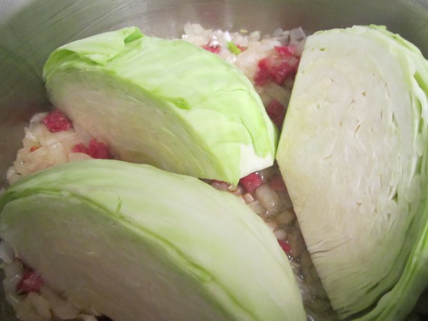 add cabbage wedges, chicken broth, salt and pepper, cover and simmer until cabbage is soft, about 20 minutes