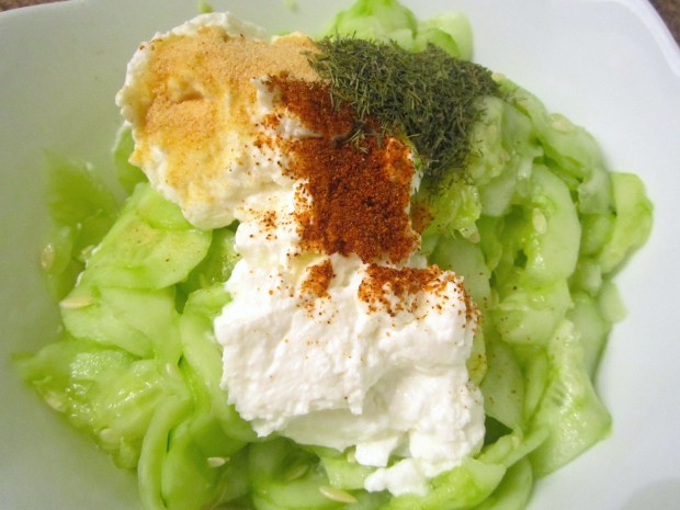 add sour cream or greek yoghurt, granulated garlic, cayenne papper and lots of dill. mix well