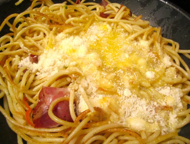 add eggs, mixed with finely grated asiago cheese