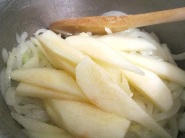 add peeled, sliced pears