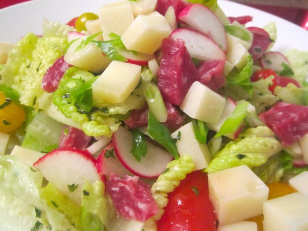 Salad Of Romaine, Swiss, Peccorino, Salame, Radish And Grape Tomatoes In Sherry Vinaigrette