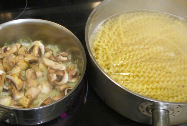 saute diced onions and garlic paste with mushrooms in butter. Meanwhile, cook fusili col buco