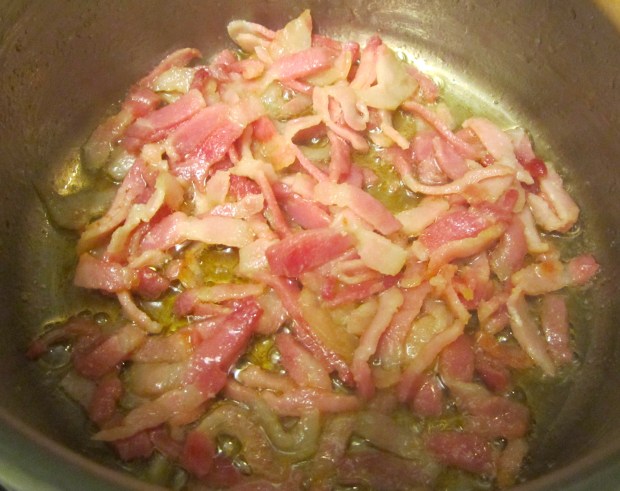 saute bacon until fat is rendered and bacon crispy