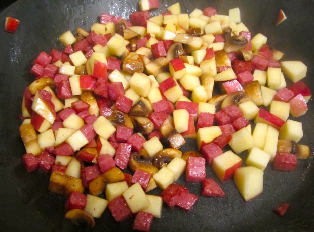 meanwhile, saute diced, skin on apples, chorizo and mushrooms in butter