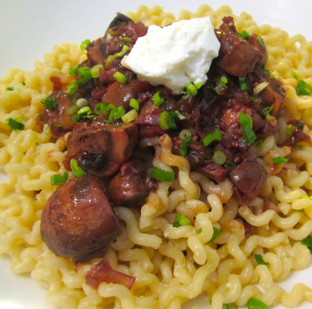 Fusili Col Bucco With Mushrooms In Red Wine / Dijon Reduction