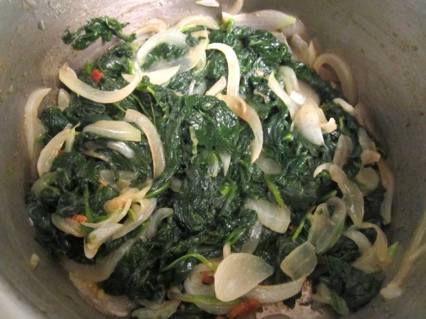 add spinach, heat trough, season with kosher salt, nutmeg and cayenne pepper
