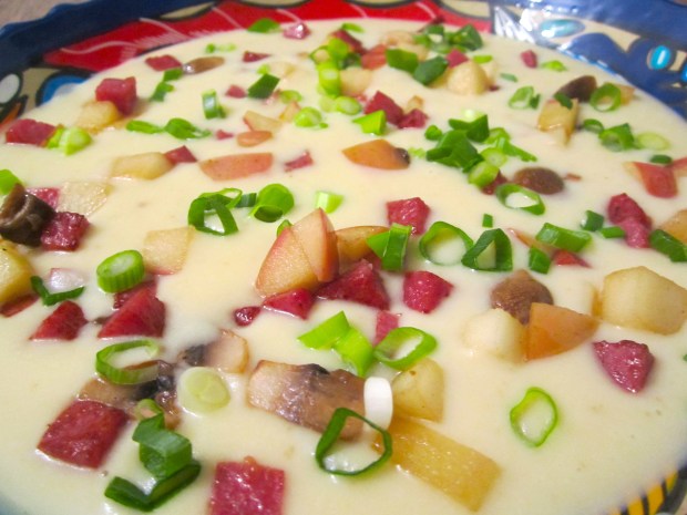 Potato Cream Soup With Apple, Chorizo And Mushroom