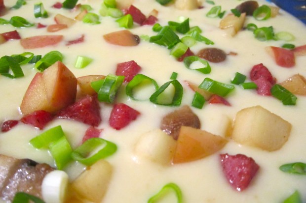 Potato Cream Soup With Apple, Chorizo And Mushroom