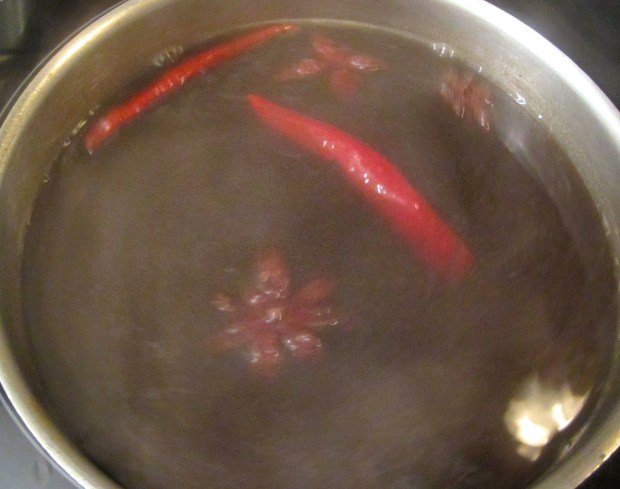 add to beef stock star anis, cinnamon bark, chilies , grated ginger and lots of garlic paste, simmer for 10 minutes, check/adjust taste with salt and pepper