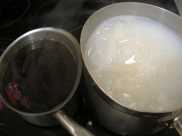 meanwhile, cook rice noodles, drain, rinse with hot water