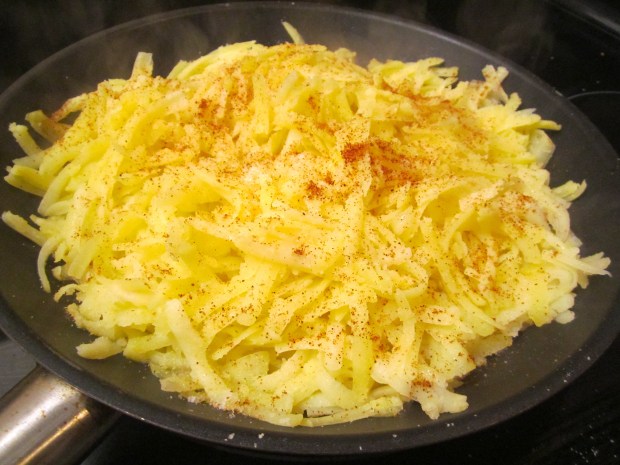 add to a hot pan with peanut oil, season with kosher salt and cayenne pepper, shape into a patty