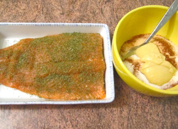 sprinkle top of salmon with plenty of dill leaves, mix dry-marinade ingredients