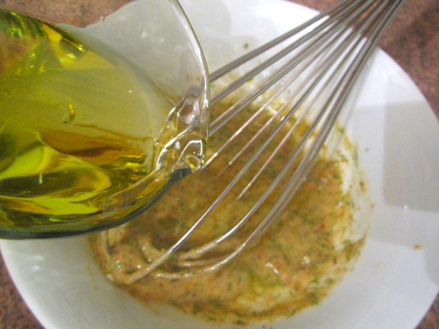 slowly drizzle grapeseed oil into mustard and dill mixture until a emulsion has formed, check / adjust taste