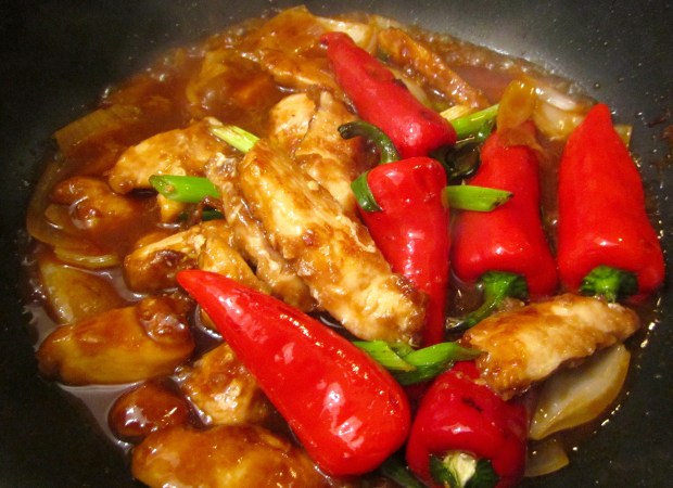 return chicken, chilies and scallions to sauce, remove from heat, check/adjust seasoning