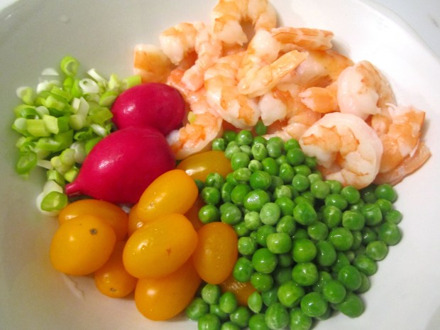 shrimp, green peas, golden grpe tomatoes, radish, scallion