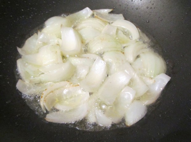 saute onions until translucent, add peppers and scallions, saute for two minutes, add garlic paste and grated ginger, saute until fragrant, remove, reserve