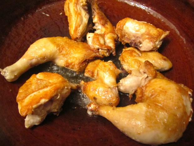 season 8-cut chicken with salt, cayenne pepper and granulated garlic in olive oil until golden brown