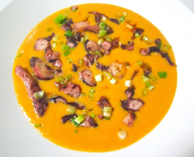 Potato And Carrot Cream With Spicy Octopus