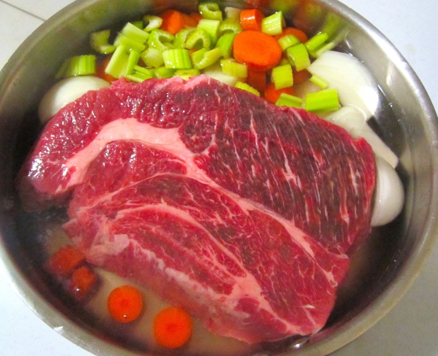 beef chuck roast or other braising cut root vegetables, water, bring to a simmer, cook until meat is tender, remove meat, set meat aside 