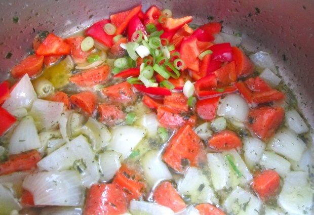 add chilies and sliced scallions