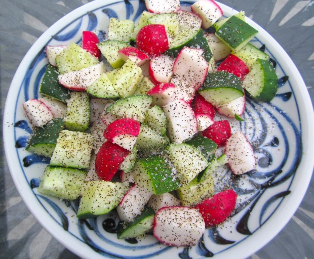 cut cucumbers and radishes into bite-sized pieces, season with plenty kosher salt and freshly ground black pepper, let marinade for 20 minutes, discard liquid, add garlic oil and cider vinegar to taste