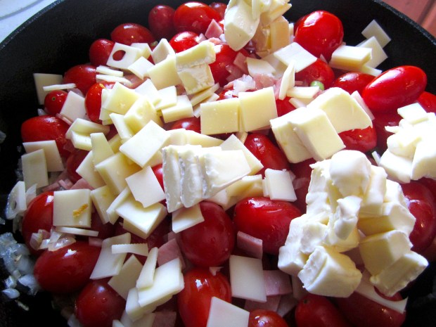 add half diced swiss cheese and half diced brie cheese