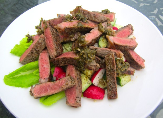 top with steak, drizzle with chimichurri
