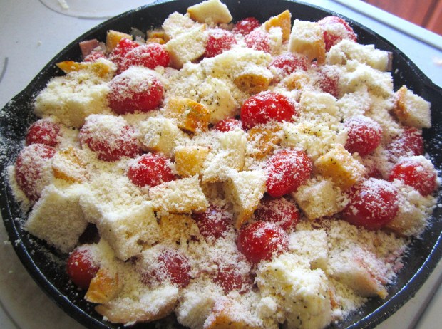 sprinkle with freshly ground black pepper and grated asiago cheese, bake at 390 F for 45 minutes or until top is golden and crispy