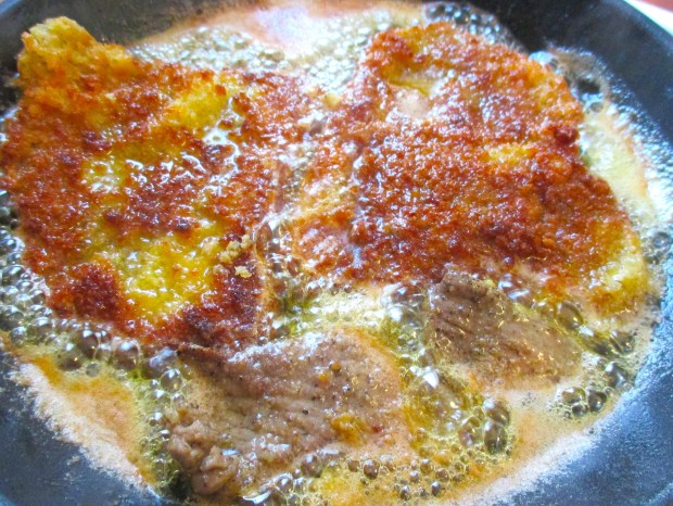 bread scallops in flour, eggs and panko, saute in butter until golden and crispy (the un-breaded one on the bottom is Bella's portion)