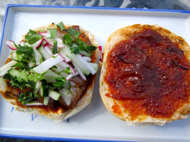 top pork with cucumber/radish and coarsely chopped cilantro
