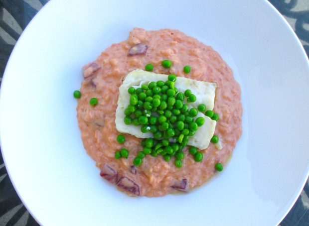 Steamed Cod Filet With Red Beet Risotto And Peas