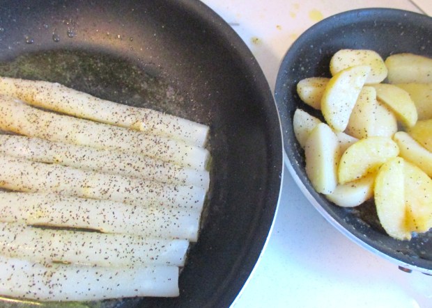 saute blanched potatoes in garlic oil
