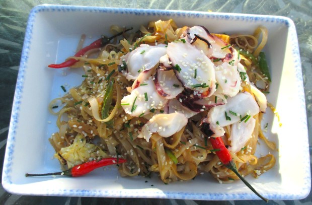 plate noodles on serving dish, top with octopus, sprinkle with chives and sesame seeds