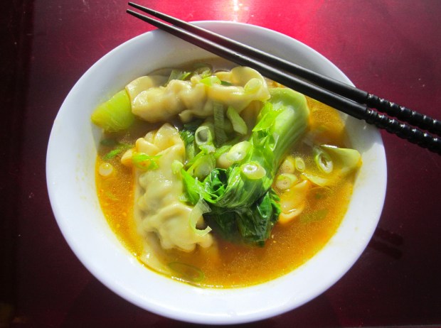 Pork Soup With Pork & Leek Dumplings, Baby Bok Choy And Scallions