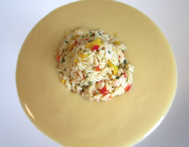 Cauliflower Soup With Orzo & Shrimp Salad