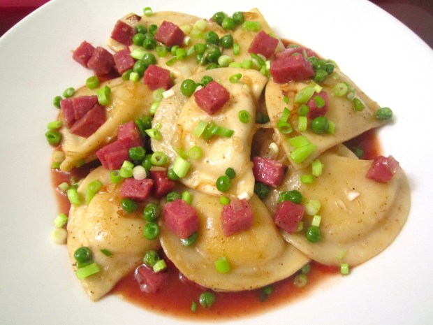 Pierogi With Onions, Salami And Peas