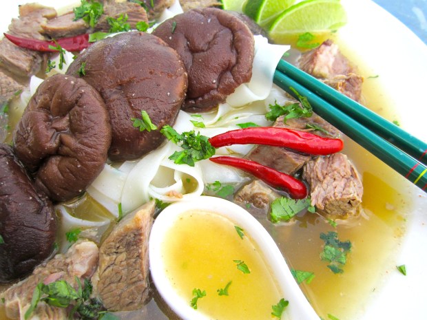 Beef , Shiitake And and Mung Bean Noodles In Ginger.Garlic Broth