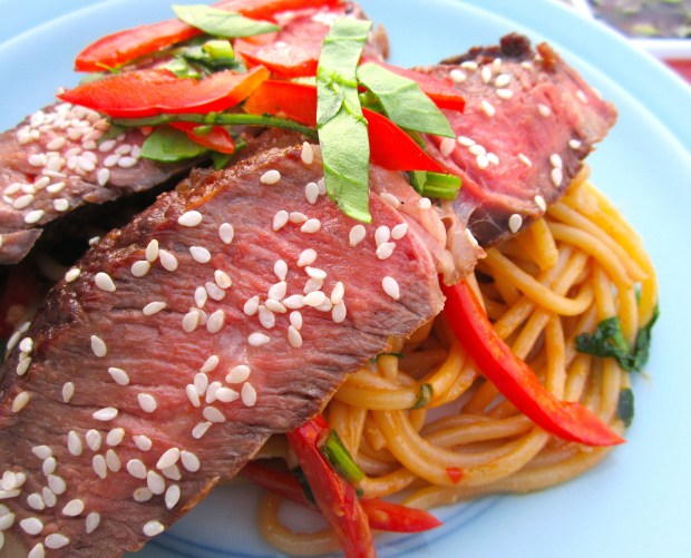 Bone-In Rib Eye & Pasta In  Peanut Sauce